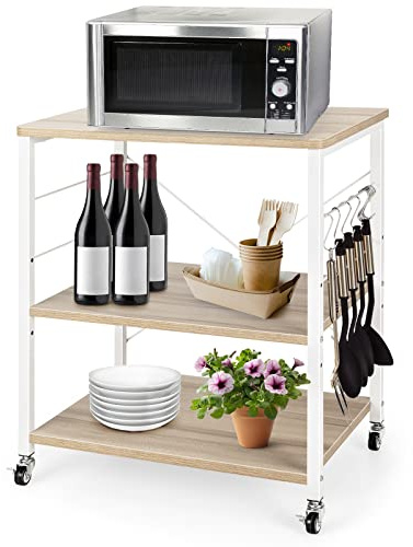GYMAX Scaffale da Cucina Carrello da Portata con 3 Ripiani, 4 Ruote Girevoli e 10 Ganci, Multifunzionale con Struttura Robusta a Forma di X, Semplice e Moderno, 60x40x73,5 cm (Beige)