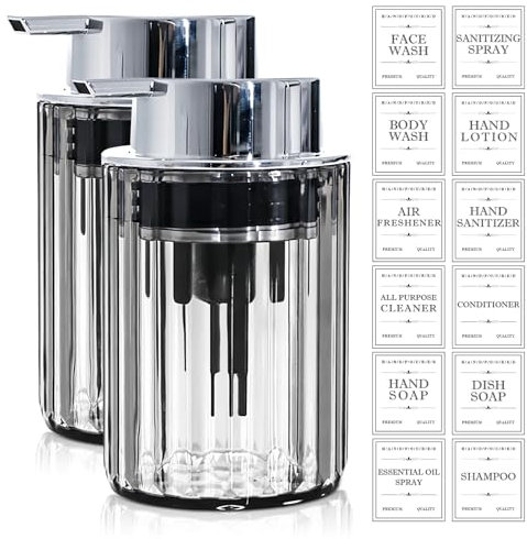 Sporgo Lot de 2 distributeurs de savon : 250 ml, distributeur de savon rechargeable, en plastique, avec grande tête de pompe et étiquette, distributeur de savon mousse pour cuisine, salle de bain