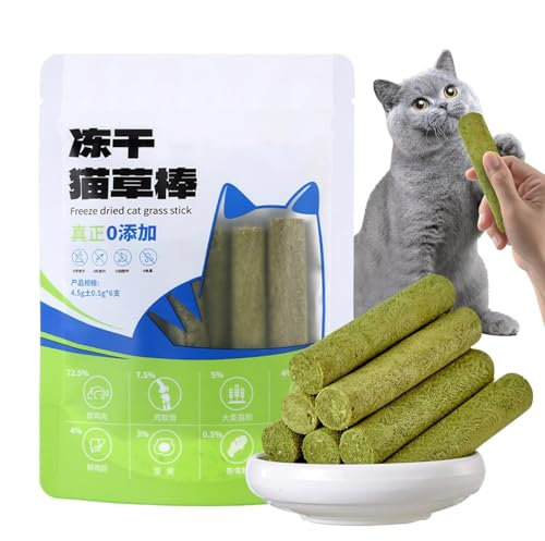 Katzengrasstäbchen – Katzengras-Beißstab | 6 x gefriergetrockneter Snack für Katzen, natürliches Gras-Leckerli für Katzen, essbares Katzenstab-Spielzeug fördert Interaktion im Innenbereich, Leckerli