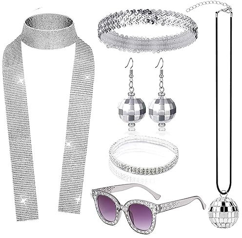 20er Jahre Kostüm Damen, Rave Outfit, Rave Outfit Damen, 70er Jahre Outfit Damen Disco Accessoires, Pailletten-Stirnband, Sonnenbrille, Ohrringe, Schal, Armband-Set