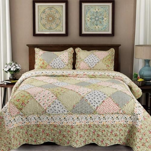 DECMAY Copriletto Matrimoniale 220x240 cm Verde Patchwork, Copriletto Trapuntato in Microfibra con Motivo a Fiori, Coperta Divano, 3 Pezzi con 2 Federe 50x75 cm