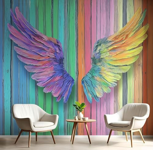 Fototapete 3D Effekt Tapete, Bunte Holzbretter FederflüGel Tapeten Seidetapete Wandbilder, Schlafzimmer Wanddeko Wohnzimmer 150×105 CM (W×H) Tapete Wanddeko Wandbilder