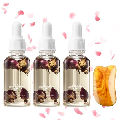 VARKAGE 3 Pcs Rosenöl Ätherisch 60ML, mit 1 Pcs Gua Sha Stein,100% Reines Rosenöl zur Gesichts- und Hautpflege, Rosenöl Bio, Perfekt für Aromatherapie und Entspannung, Körperöl Straffend