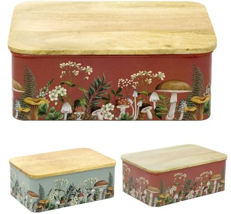 Mushroom Storage Tin | Large Woodland Toadstool Kitchen Canister | Airtight Food Storage Container with Bamboo Lid - 25.5cm ~ Colour Varies