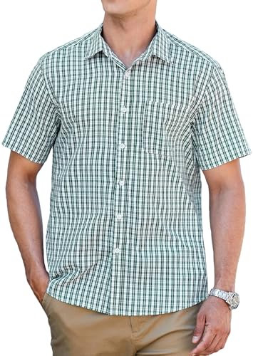HISDERN Chemise Homme a Carreaux Manches Courte Décontractées Boutonnées été Travail Chemises Vert Hommes avec Poches Coupe Régulière 2XL
