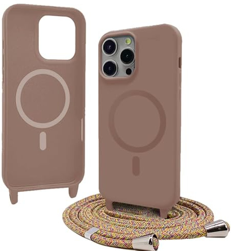 Bigcousin Handykette für iPhone 14 Pro Hülle mit Band,Magnetisch kompatibel mit Magsafe,Silikon Necklace Handyhülle mit verstellbar und abnehmbar,Braun