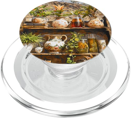 Rustic Bookshelf With Tropical Plants and Vintage Pitchers PopSockets PopGrip for MagSafe