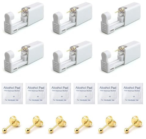 6 Stück Ohrlochstechpistole, Einweg-Steril-Ohrnasen-Piercing-Set Schmerzfrei-Selbst-Piercing-Werkzeug für Mädchen, Frauen, Männer (Gold)
