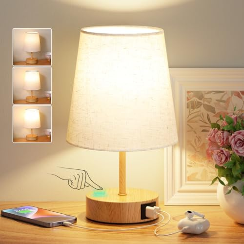 PreeOtti Nachttischlampe Touch Dimmbar, Tischlampe mit USB A+C-Ladefunktion | Lampenschirm in Leinenfarbe, Kleine Lampe für Nachttisch Wohnzimmer Schlafzimmer Kinderzimmer Büro, Birne Inklusive