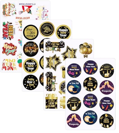BHSTTNIXP 4 Bögen Happy New Year-Aufkleber, Neujahrsdekorationen 2026, Kartenpackung, Etikettenaufkleber für Geschenkverpackungen und Partyzubehör