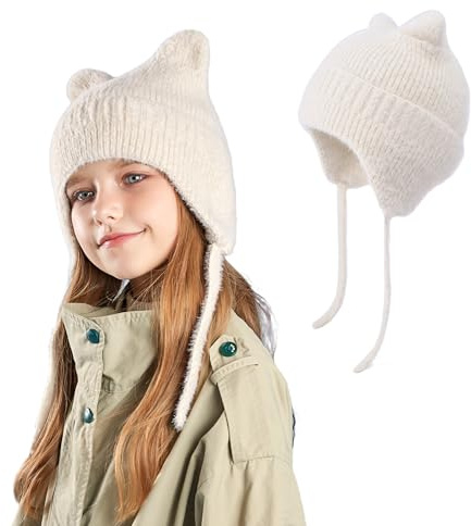 AYPOW Kinder Süße Katzenohren Strickmütze für 3-12 Jahre, Ohrenklappen Warme Winddicht Wintermütze Elastisch Bequeme Thermo Mütze Hut Beanies Jungen Mädchen Outdoor-Aktivitäten Stilvoll Kopfbedeckung