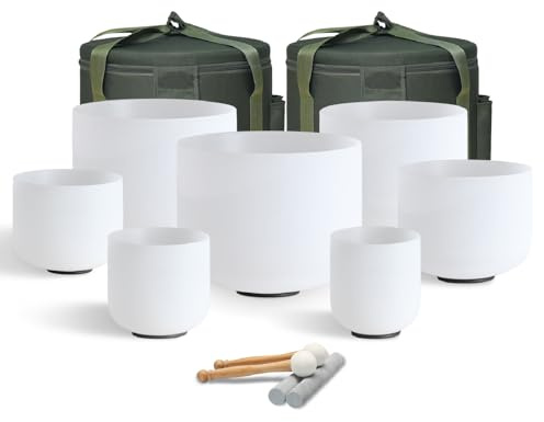 432HZ 6-12 Inch Crystal Singing Bowl Set of 7 with 2 Pcs Green Heavy Carrying Case bag, Frosted Quartz Crystal Sound Healing bowls for Chakra, Meditation, Sound Therapy