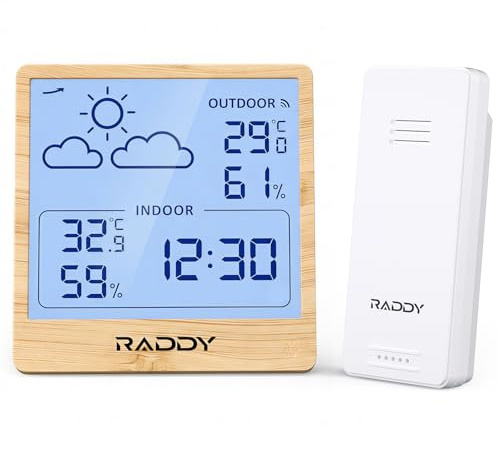 Raddy WF-50T Stazione Meteo Wireless Termometro Igrometro Interno Esterno, Monitor Temperatura e Umidità a Batteria con Display TN da 5,0'', Previsioni Tempo, Sensore Remoto (Legno Chiaro)