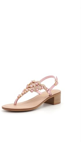 QUEEN HELENA Sandali Gioiello Infradito con Tacco Basso con Strass Eleganti Donna Y6024 Rosa 40