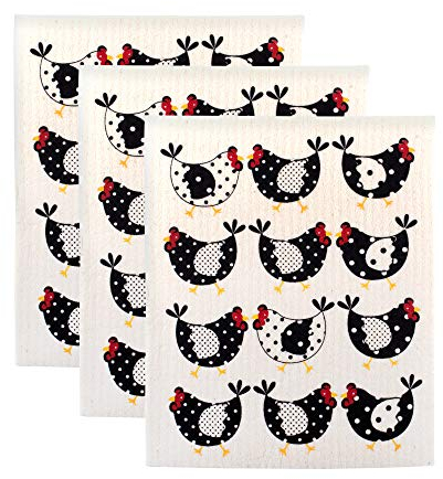 DII - Paños suecos para cocina y limpieza, reutilizables, lavables a máquina y aptos para lavavajillas, biodegradables, 19,6 x 17 cm, pollos, 3 unidades