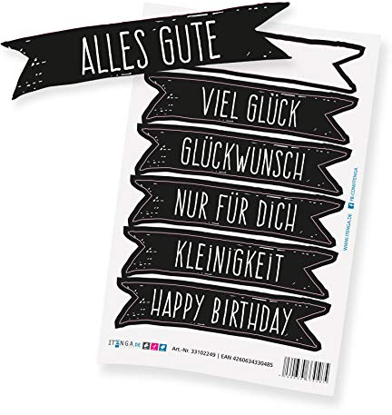 itenga Stickerbogen Mix 6x Sticker Alles Gute, Viel Glück, Glückwunsch, Nur für dich, Kleinigkeit, Happy Birthday schwarz weiß