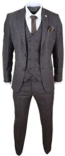 Mens Wool 3 Piece Suit Double Breasted Waistcoat Tweed 1920s Brown