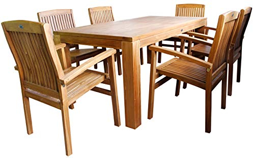 Mojawo 7-teilige Luxus Massiv Teakholz Garnitur Teak Esstisch Indoor und Outdoor 180x90x75cm + 6 Stapelsessel Teak