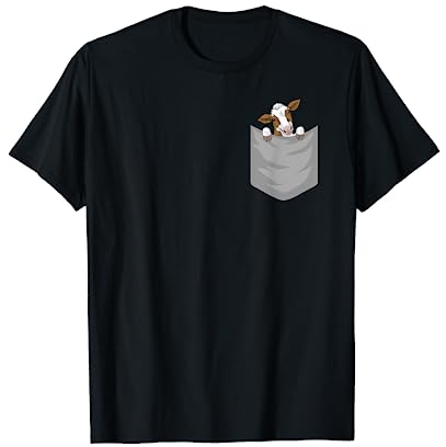 Kuh in Brusttasche T-Shirt - Schwarz, S - Unisex - Cartoon - Klassisch - Halbarm - Crew-Ausschnitt - 100% Baumwolle - 1 Count - Jungen