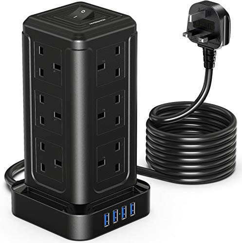 NVEESHOX Extension Lead Surge Protection, 12 Way Power Strip Tower with 4 USB Slots 5M/16FT Long Extension Cord Multi Plug 2500W Overload Protection for TV PC Laptops iPhones Tablets (Black-5M)