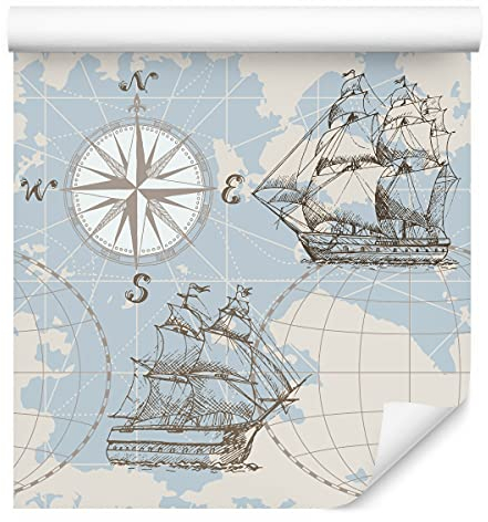 Muralo Vlies Tapete 10m Tapeten Rollen Jugend Schiffe Segelschiff Karte Kompass Vliestapete 1000 x 53cm Wand Tapete Wohnzimmer Schlafzimmer Moderne Wanddeko Wand Dekoration