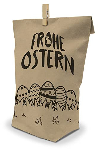 itenga 12 Stück Bedruckte Ostertüten zum Befüllen mit Klammer braun 17 x 26 cm Motiv Ostereier und Wiese Geschenktüte Ostern Osternest