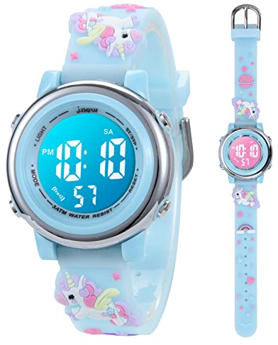 Kinderuhr Digital für Jungen Mädchen 3ATM Wasserdicht Kinder Armbanduhr mit Wecker Datum Stoppuhr Kinder Uhr für 3-10 Jahre (Hellblaues Einhorn)