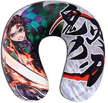 Roffatide Anime Dämon Slayer U-Form Nackenkissen Kamado Tanjirou Gedruckt Plüsch Reise Kissen für Schlafen Weihnachten und Geburtstag Geschenk