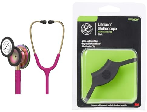 3M Littmann Classic III Stethoskop zur Überwachung, 5806, regenbogenfarbenes Bruststück, himbeerroter Schlauch, 69 cm & Stethoskop-Namensschild, 40007, Schwarz