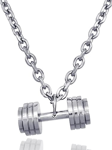 RUGGED steel Collier pour homme en acier inoxydable avec pendentif haltère (avec boîte à bijoux), Acier inoxydable