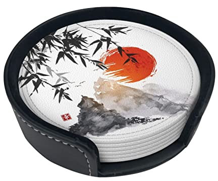 Lot de 6 dessous de verre japonais en bambou pour boissons avec support, imperméable, protection de table, patins antidérapants