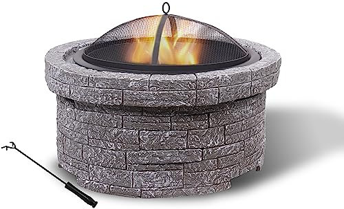 MISCO Kopfsteinpflaster-Feuerstelle, 67 cm, Holzfeuerstelle für den Außenbereich, mit Funkenschutz, Feuerschale für Hinterhof, Garten, Terrasse, Lagerfeuer, Heizung, inklusive Schürhaken