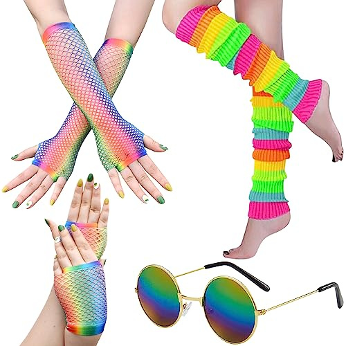 BDSHUNBF 80s Fancy Dress Costume,Short Fishnet Gloves, Long Short Fishnet Gloves, Neon Leg Warmers With Neon Glasses, for 80s Fancy Dress Costume Accessory Party