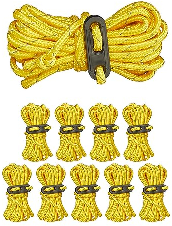 Relaxdays Zeltabspannleinen, 10er Set, reflektierend, je 3,8 m lang, fürs Camping, Abspannseile mit Seilspannern, gelb