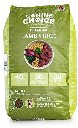 Canine Choice Premium Trockenfutter für Hunde – Lamm & Reis 10 kg | 40% Lamm, 30% Reis | Hypoallergenes Naturgranulat | Schonende Verdauung & Vollnahrung für alle Rassen ab 7 Jahren