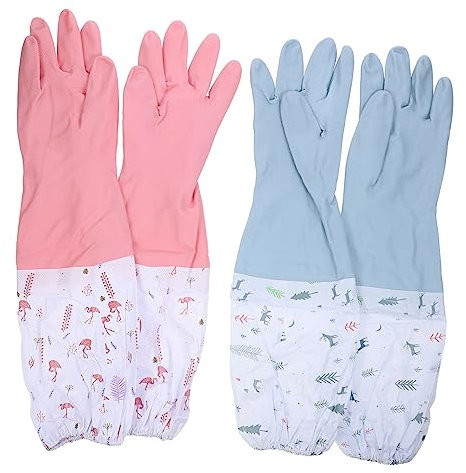 SOLUSTRE Moufles de Nettoyage en Caoutchouc et Pvc Lot de 2 Paires Imperméables, Doublés, Protection du Poignet Couleur Aléatoire pour Vaisselle Cuisine