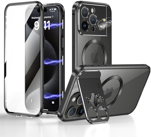 ksscaly Hülle für iPhone 15 Pro Max mit Kamera Unsichtbarem Ständer/Halter [Kompatibel mit Magsafe] 360 Grad Vorne und Rückseite Schutz Case Magnetische Adsorption Metallrahmen Handyhülle (Schwarz)