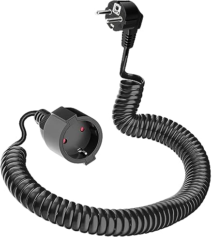 Cable de alimentación en Espiral, Alargador en Espiral, extensión Espiral elástica de 1.26 m a 8 m MAX, Extensión de Contacto de protección, Cable de extensión IP20 (230V/16 A), Negro