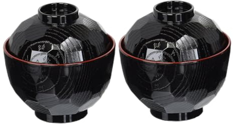 Lot de 2 bols traditionnels japonais légers pour soupe au riz miso avec couvercle noir et rouge