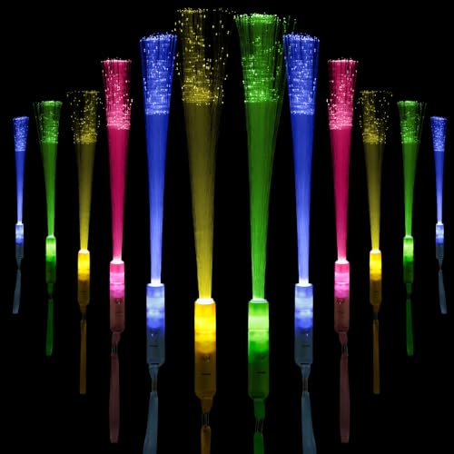 Teklemon Bâton Lumineux LED, 12 Pièces Fibre Optique Lumineuse, Multicolores 3 Modes Colorés Clignotants LED, Bâtons lumineux pour Enfants, Bâton Lumineux LED Mariage Noël Anniversaire Fête Concert
