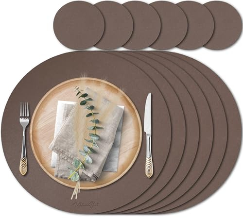 Mahewa® 6er Set Premium Tischset aus Kunstleder - Platzset abwaschbar und wasserdicht - Platzdeckchen Telleruntersetzer in Lederoptik (Kupfer/Holzkohle, Rund)