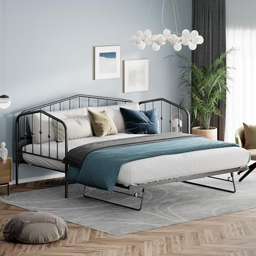 Schlafsofa 90(180)x200cm, 2-in-1 Tagesbett Kinderbett Funktionsbett Sofabett, Ausziehbett Einzel und Doppelbett, Jugendbett Gästebett für Wohnzimmer Schlafzimmer, Metallrahmen, Schwarz, Ohne Matratze