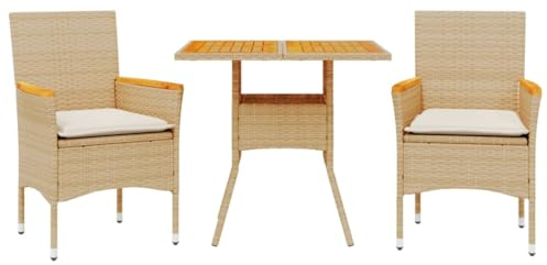 vidaXL Garten Essgruppe 3-TLG., Gartenmöbel Set mit Kissen, Gartengarnitur Tisch 2 Stühle, Lounge Sitzgruppe Sitzgarnitur, Beige Poly Rattan Akazie
