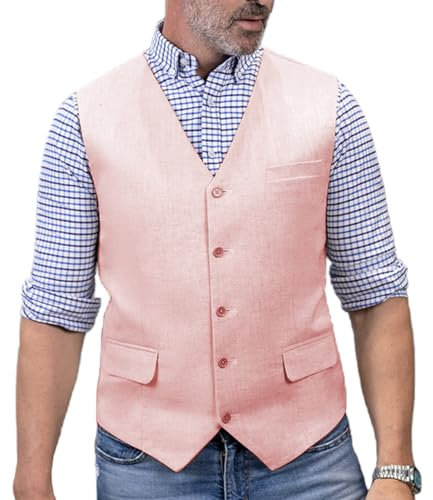 Solovedress Gilet de costume élégant pour homme - Gilet d'été en lin pour mariage et fête, Rose, M