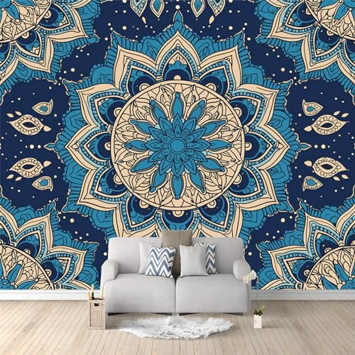 Papier Peint Intissé 350 x 256 cm Déco Murale Maison Chambre Salon, Photo Murale Décorative Mandala Floral Bleu - Pour Adulte Enfants