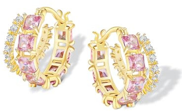 Mesovor Goldene Doppel Creolen Ohrringe für Damen, 14K Vergoldete Farbige Zirkonia Creolen Ohrringe, Gold Earrings, Schmuck Geschenke (Rosa)