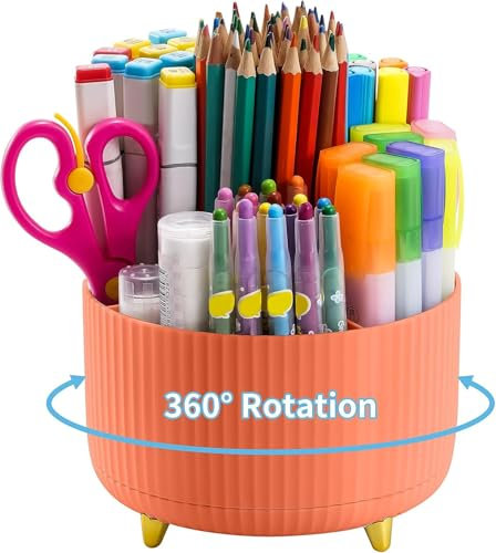 Marbrasse Schreibtisch Organizer,360 Grad Drehbarer Stifthalter für Schreibtisch Zubehör mit 5 Fächer,Stifte Organizer,Stift Aufbewahrungsbox für Büro Zuhause(Orange)