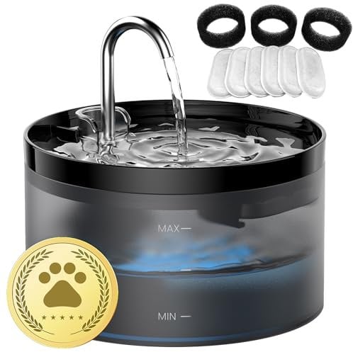 Katzenbrunnen: Trinkbrunnen für Katze - Katzenbrunnen für Katzen - 64oz - Super Silent LED Licht - Durchsichtiger Wassertank - Enthält 6 Filter + 3 Schaumstofffilter - Schwarz - GIOTOHUN