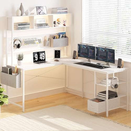 Dowinx LED Gaming Tisch, L-förmiger Schreibtisch mit Stecktafel und Stauraum, Umkehrbarer Computertisch mit Steckdosen und USB, Büro-Eckschreibtisch für Heimspiel Weiß, 120x148cm