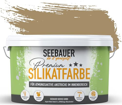 SEEBAUER diy Silikatfarbe Braun 10L für Innen (No. 650 Walnut Tree) Atmungsaktive Mineralfarbe für Allergiker - Abwaschbare Wandfarbe - Brauntöne hohe Deckkraft